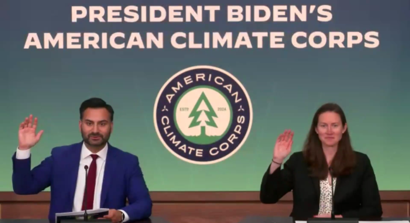 President Biden’s National Climate Advisor Ali Zaidi (Left) and Special Assistant to the President Maggie Thomas (Right) leading the first ACC swearing-in ceremony. South Court Auditorium, June 18th, 2024.